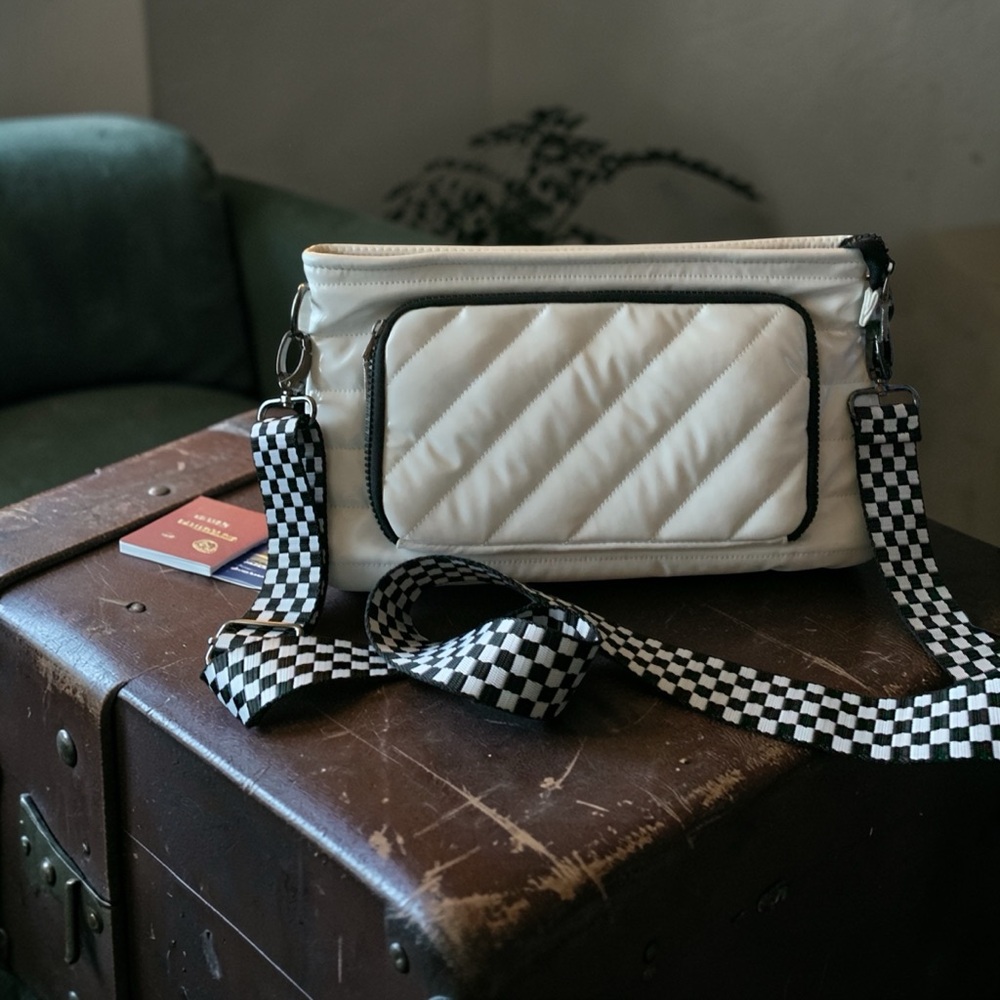 Think Royln White Quilted Crossbody Bag with Checkerboard Strap